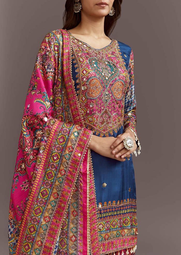 Blue Printed Kurta Palazzo Set With Gotta Lace And Sequins Work