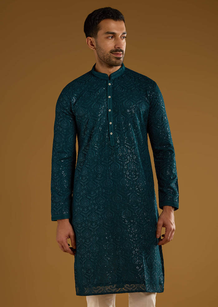 Blue Silk Kurta Set For Men With Heavy Hand Embroidery