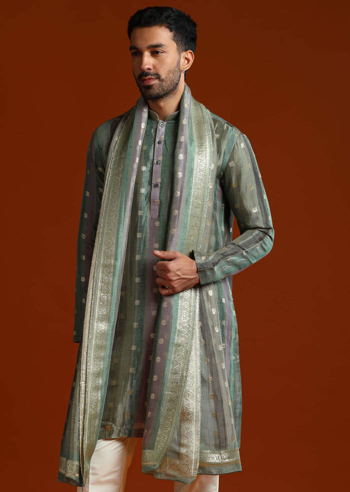 Blue Silk Kurta Set For Men With Zari Work