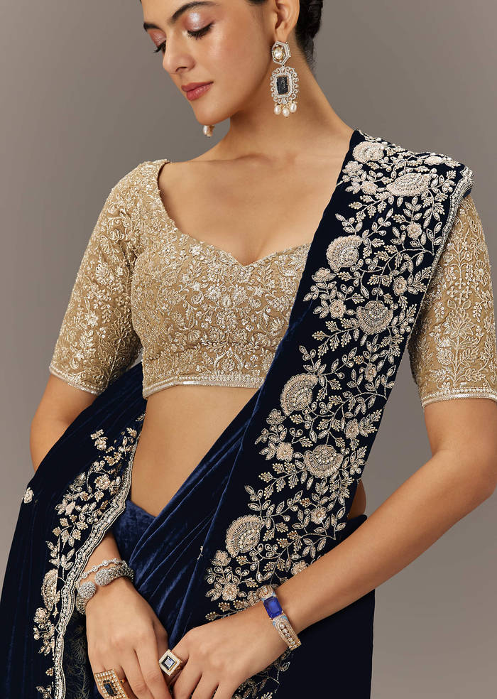 Blue Velvet Saree With Brocade Embroidered Blouse