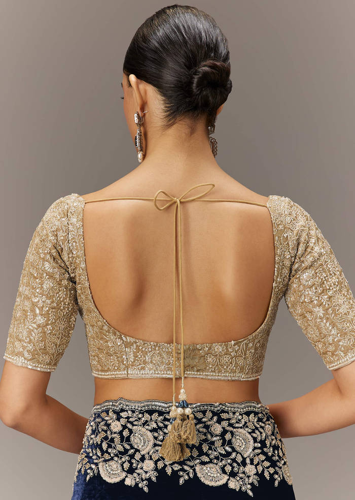 Blue Velvet Saree With Brocade Embroidered Blouse