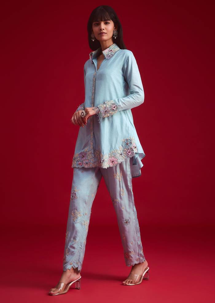 Blue Silk Threadwork And Patch Work Kurta Pant Set