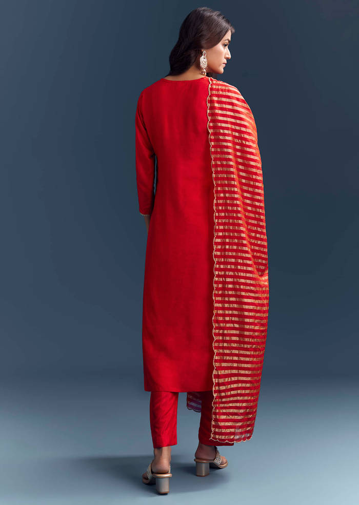 Bright Orange Silk Kurta Set With Zari And Gota Work