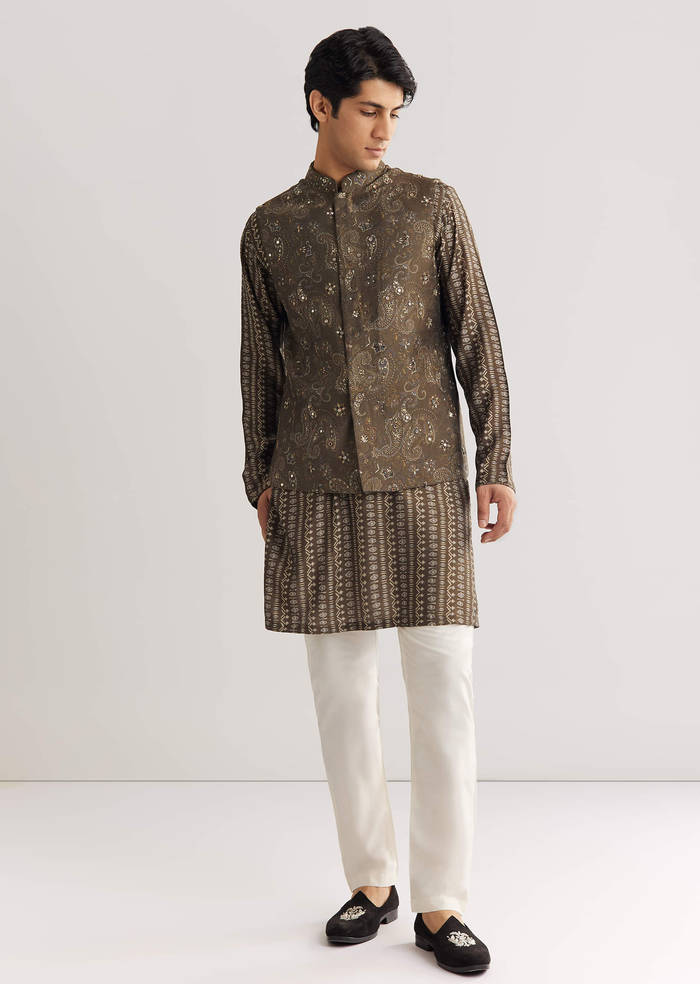 Brown Chanderi Silk Jacket Kurta Set With Mirror And Stone Work