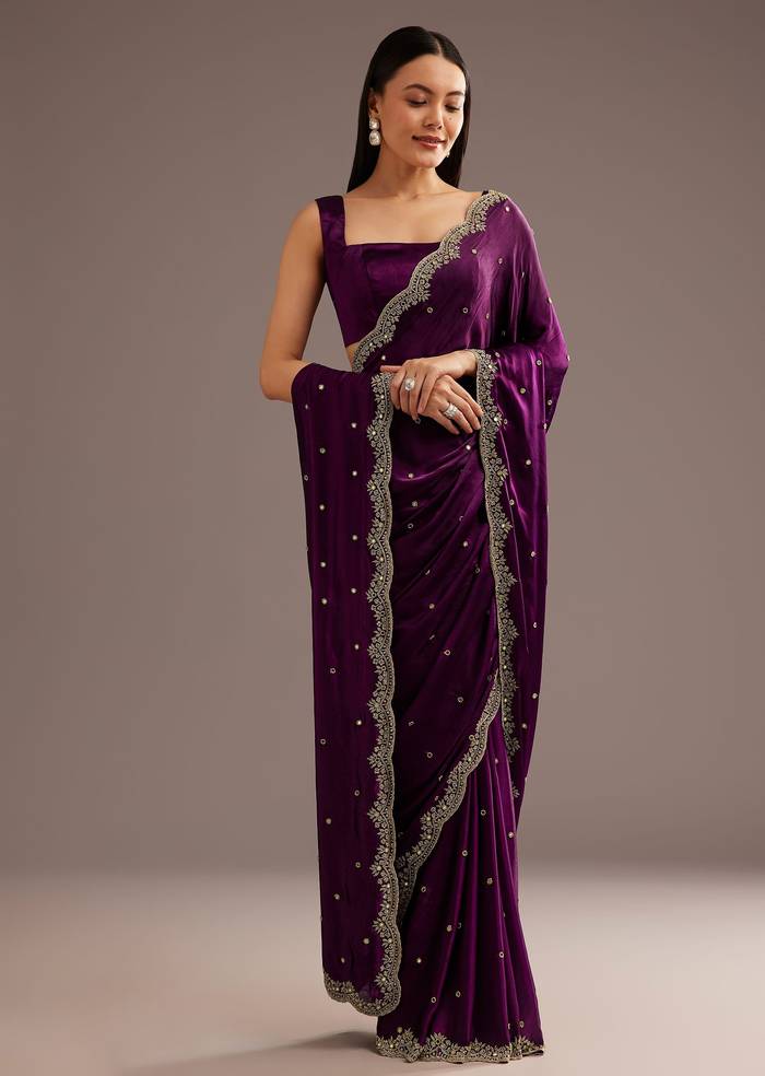 Chinon Satin Saree With Cutdana And Mirror Embellishment