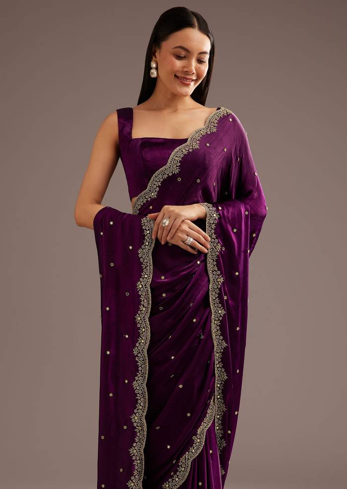 Chinon Satin Saree With Cutdana And Mirror Embellishment