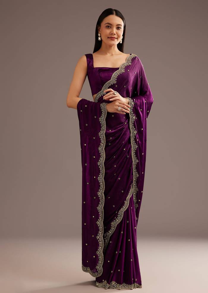 Chinon Satin Saree With Cutdana And Mirror Embellishment