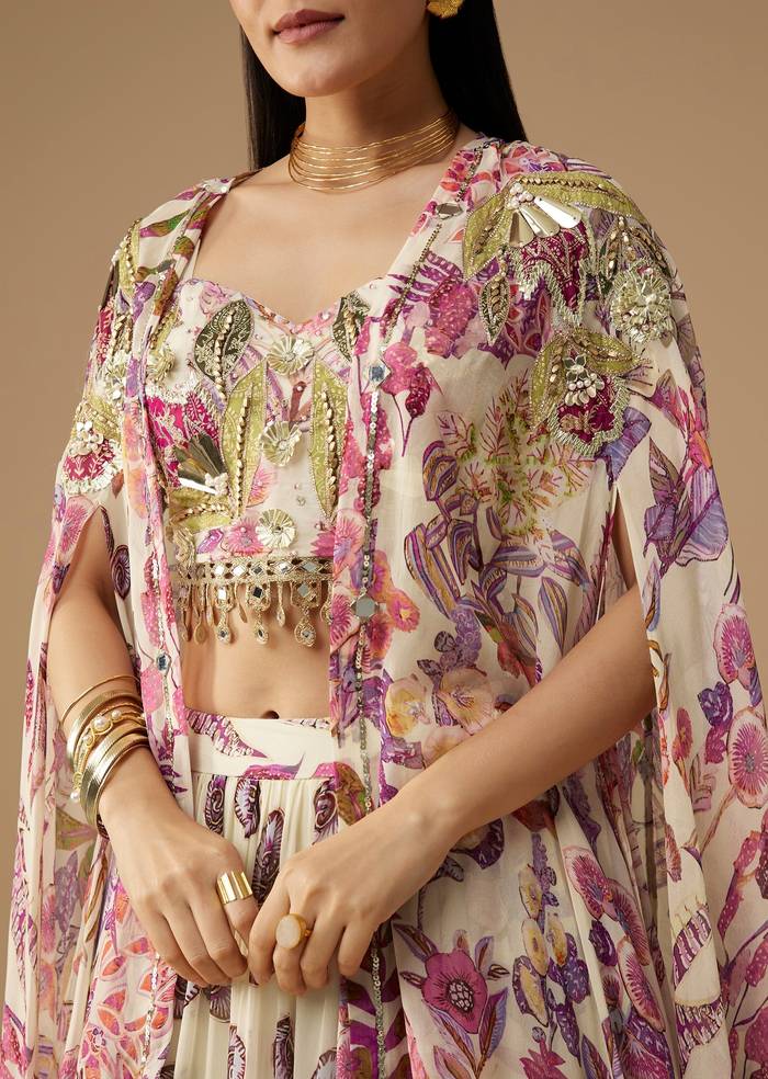 Cream Georgette Printed Lehenga Set with Cape