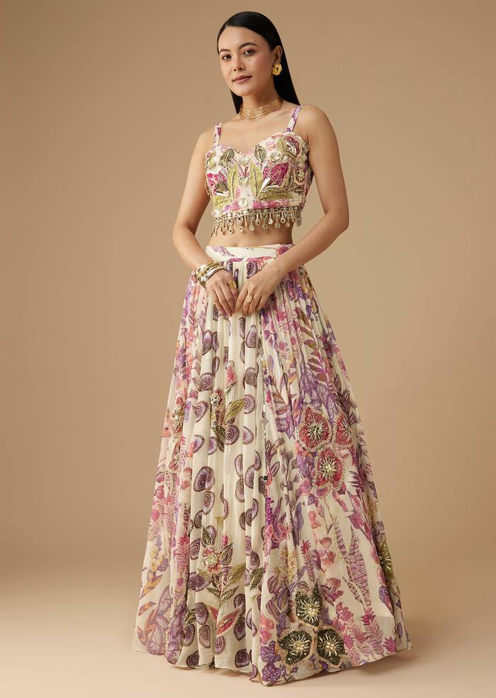 Cream Georgette Printed Lehenga Set with Cape