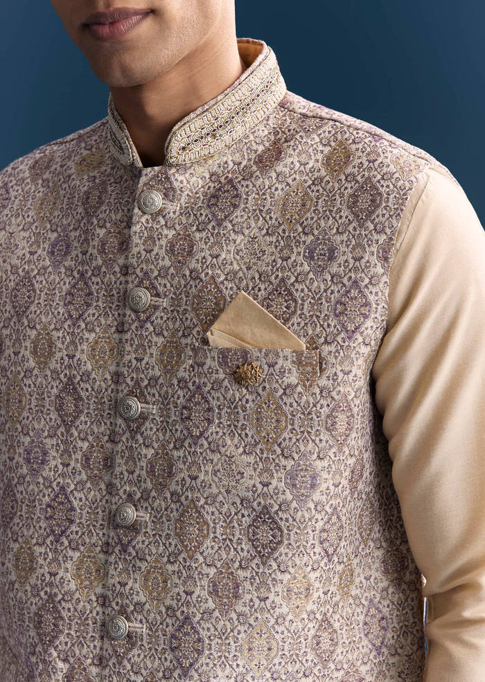 Cream Jacquard Kurta Jacket Set For Men With Printed Jacket