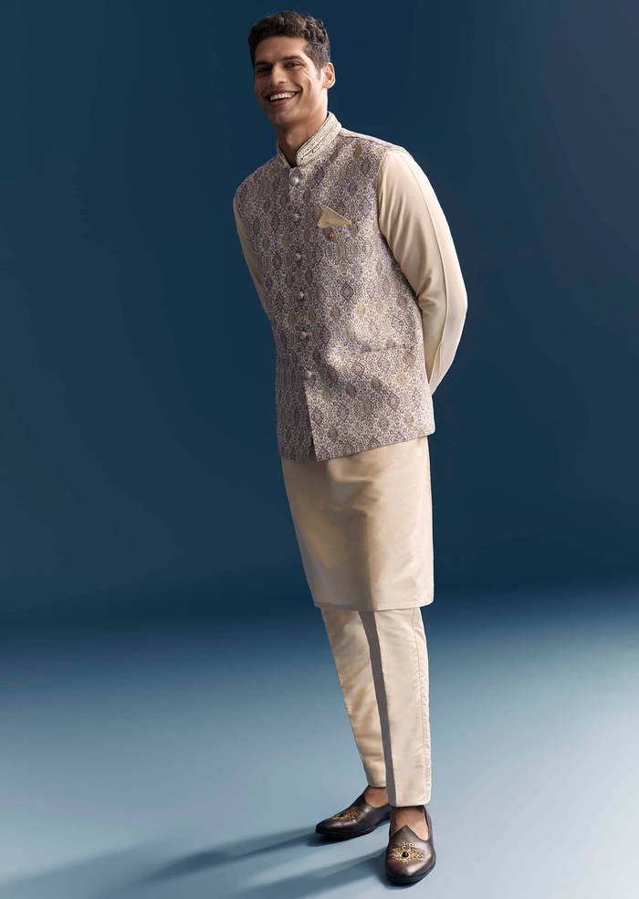 Cream Jacquard Kurta Jacket Set For Men With Printed Jacket
