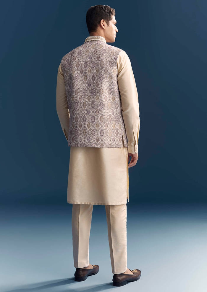 Cream Jacquard Kurta Jacket Set For Men With Printed Jacket