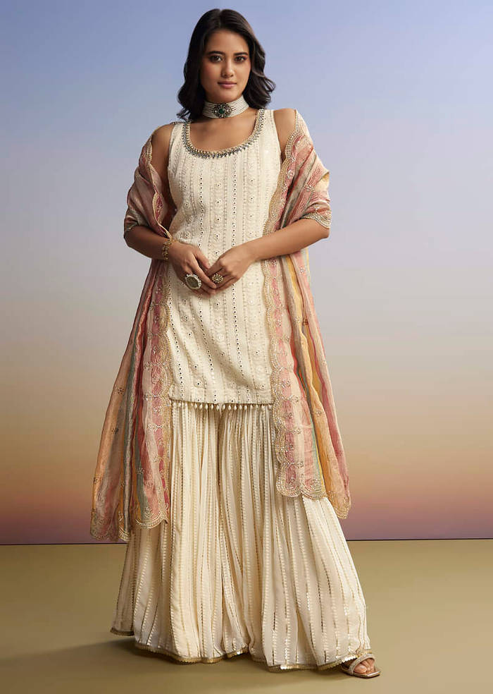 Cream Lucknowi Sharara Set With Tissue Dupatta