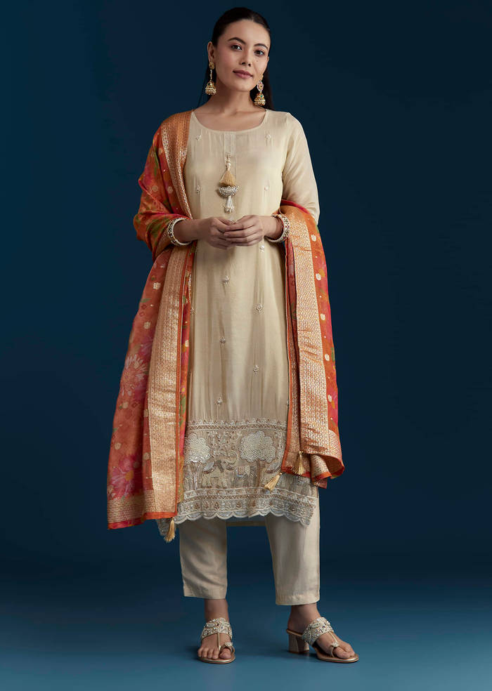 Cream Tissue Kurta Set with Bead Work