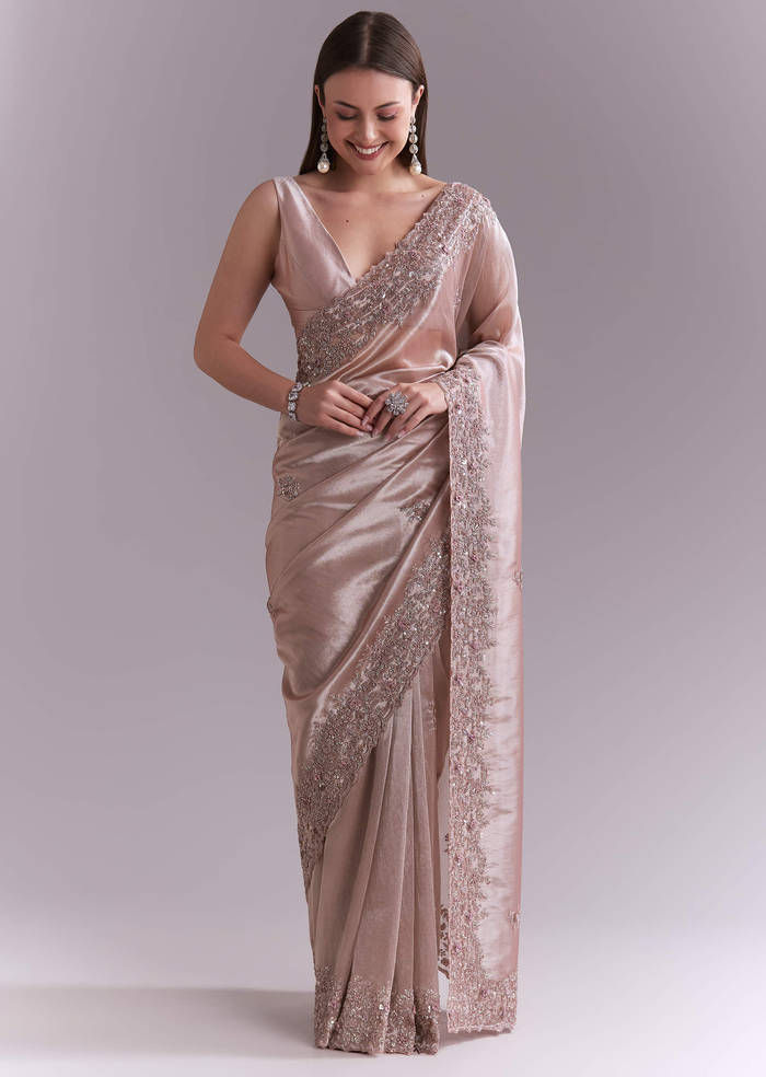 Dusty Pink Tissue Saree With Floral Butti Embroidery