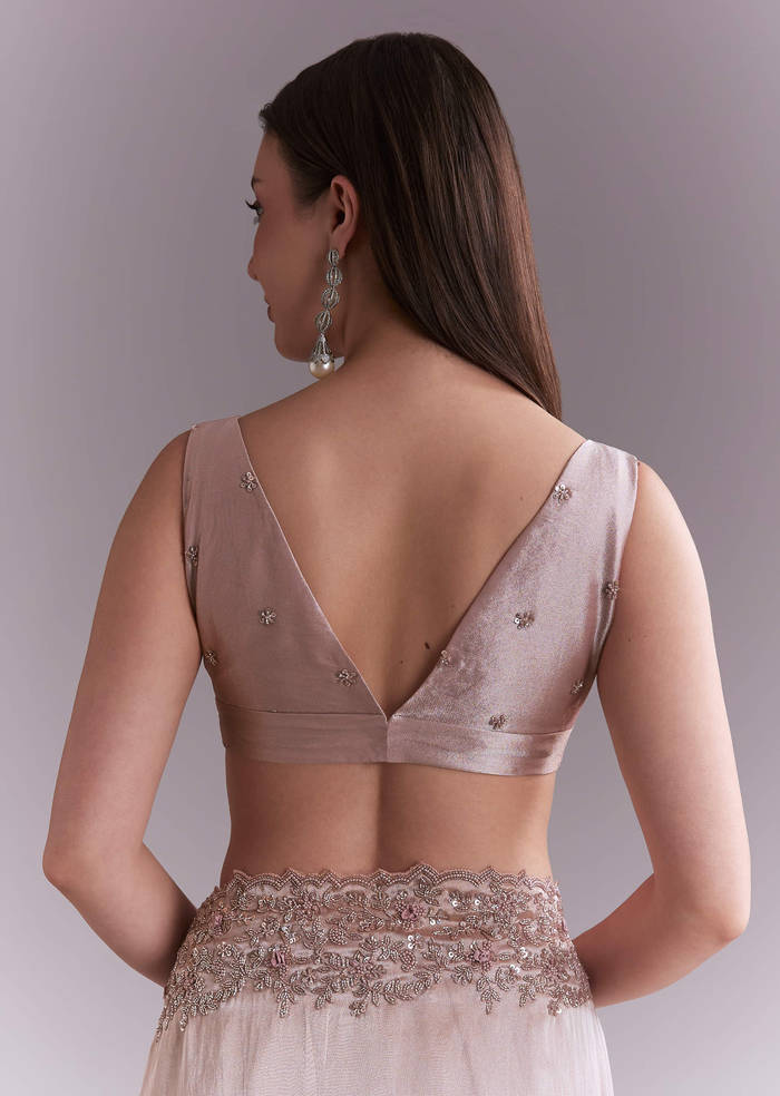 Dusty Pink Tissue Saree With Floral Butti Embroidery