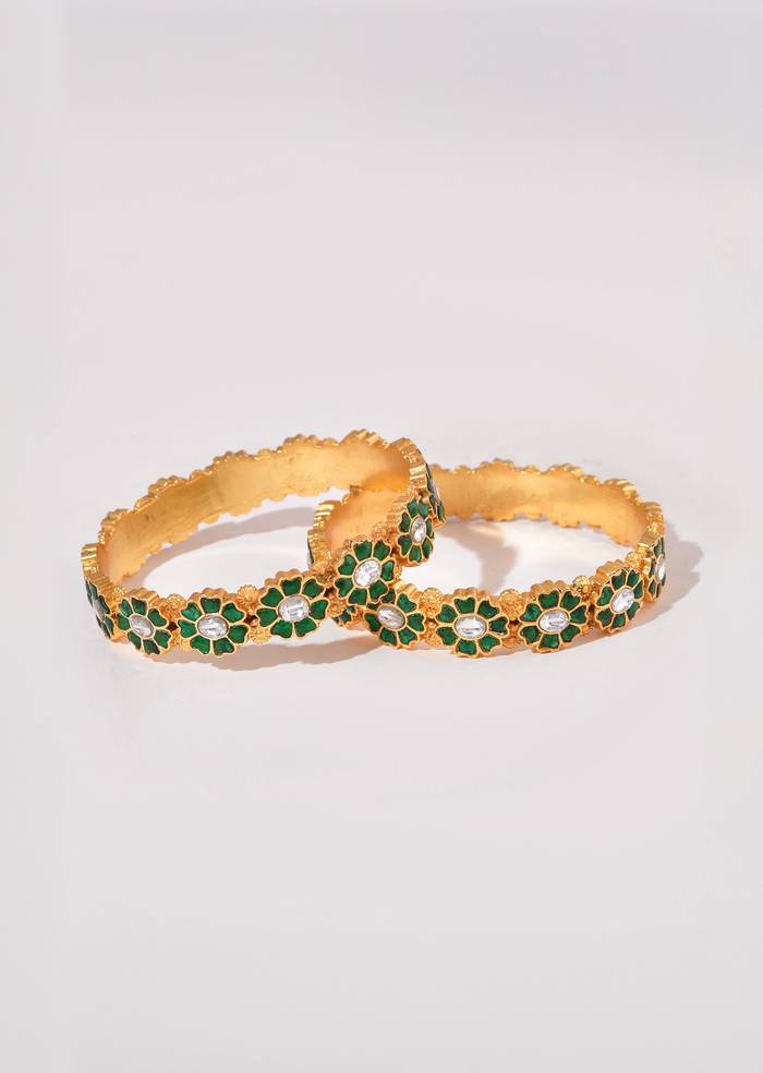 Gold and Green Floral Motif Kundan Bangle Set of Two