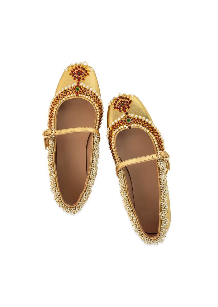 Gold Antique Bead and Crystal Embellished Juttis