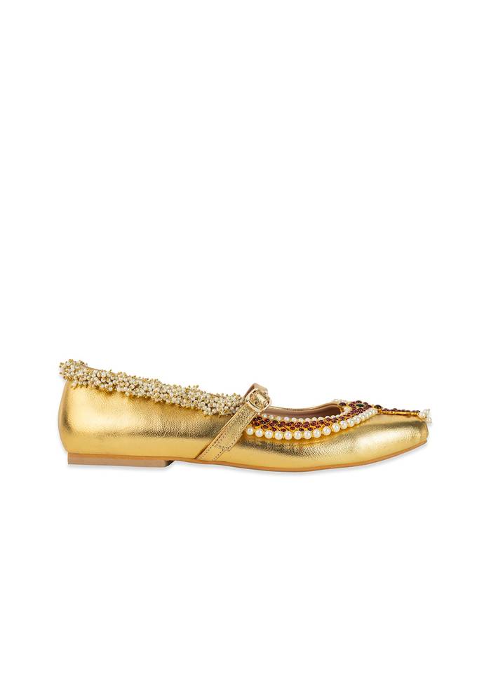 Gold Antique Bead and Crystal Embellished Juttis