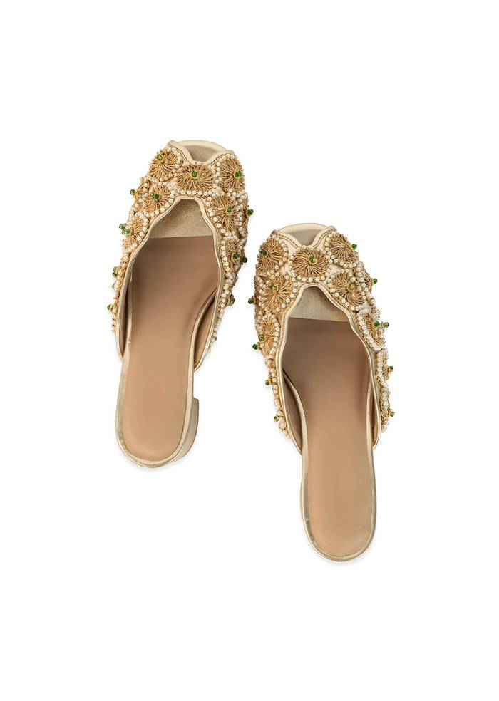 Gold Bead Embellished Faux Leather Mules
