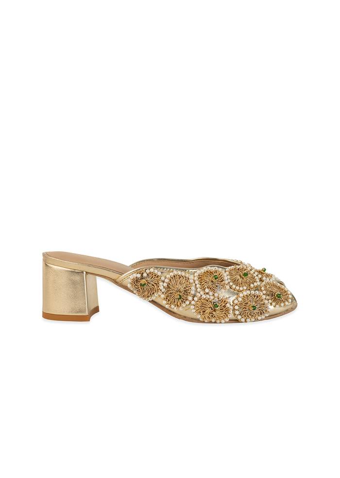 Gold Bead Embellished Faux Leather Mules
