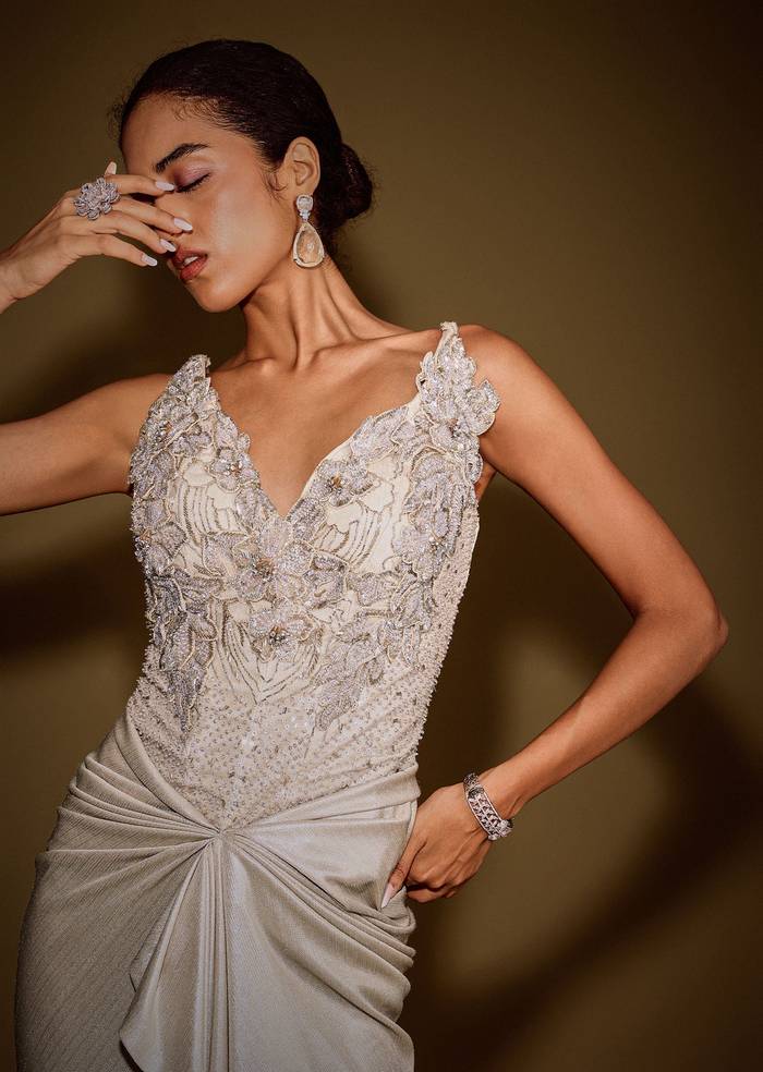 Gold Corset Embellished Gown With Sheer Drape And 3D Floral Detailing