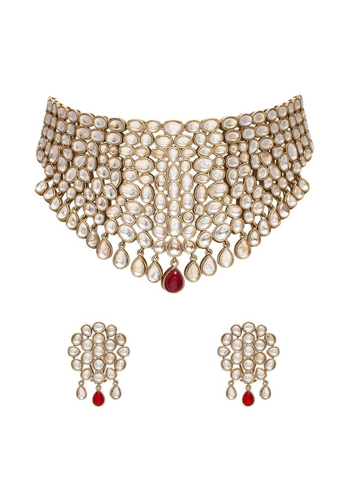 Gold Finish Kundan Bridal Choker Set With Ruby Drop