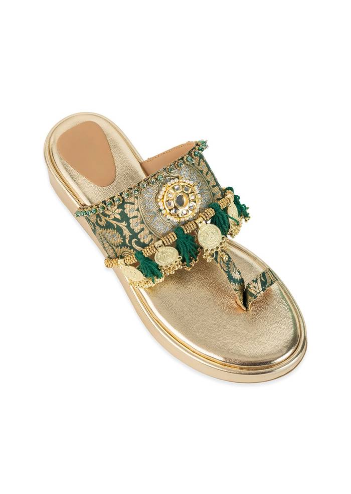 Gold Handcrafted Tassel Wedges with Brocade Straps