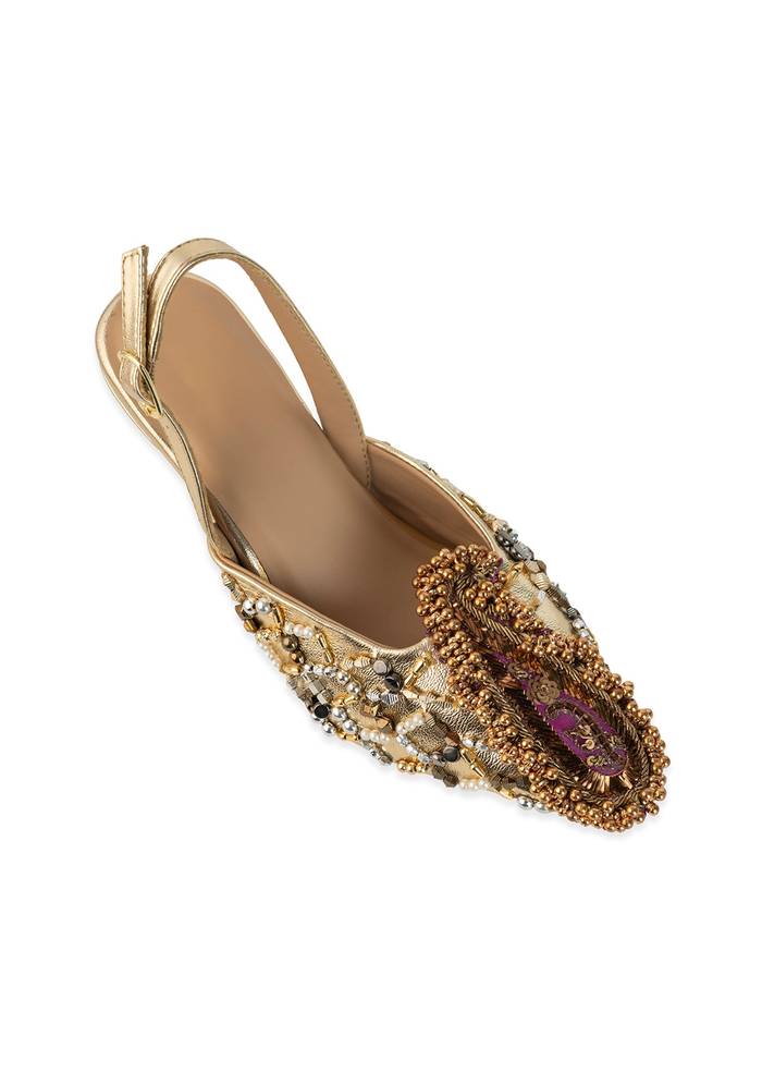 Gold Sequin Embellished Pointed Toe Heels