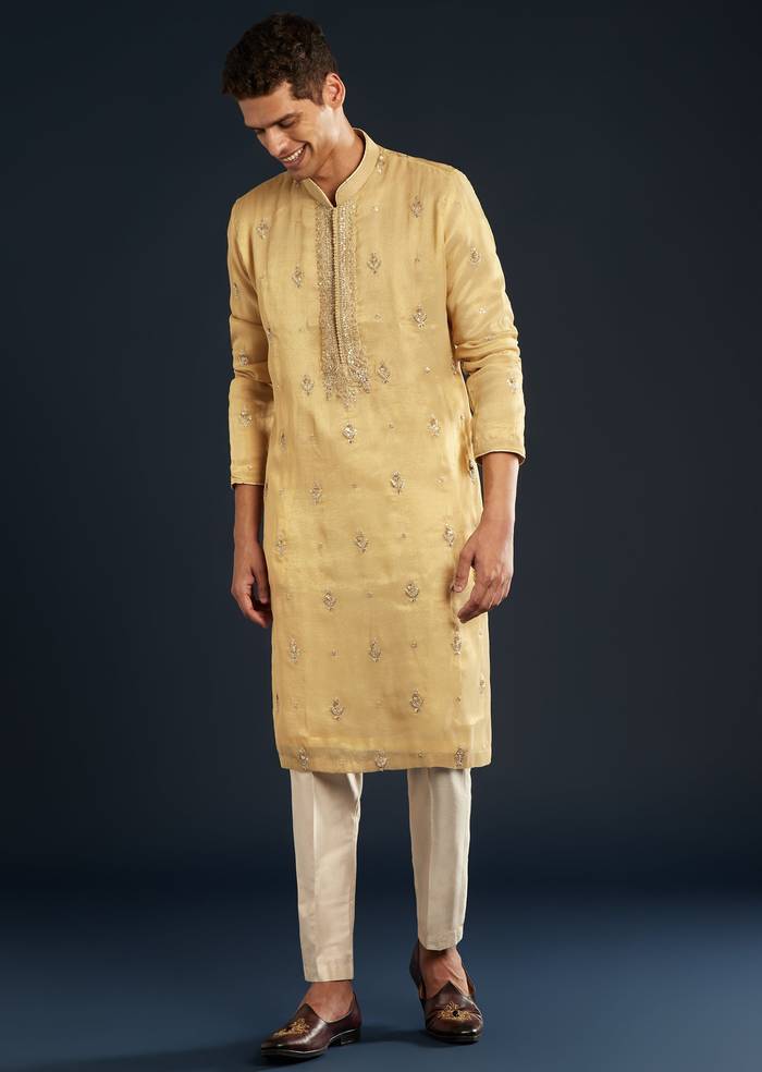 Gold Tissue Kurta Set With Sequin Embroidery