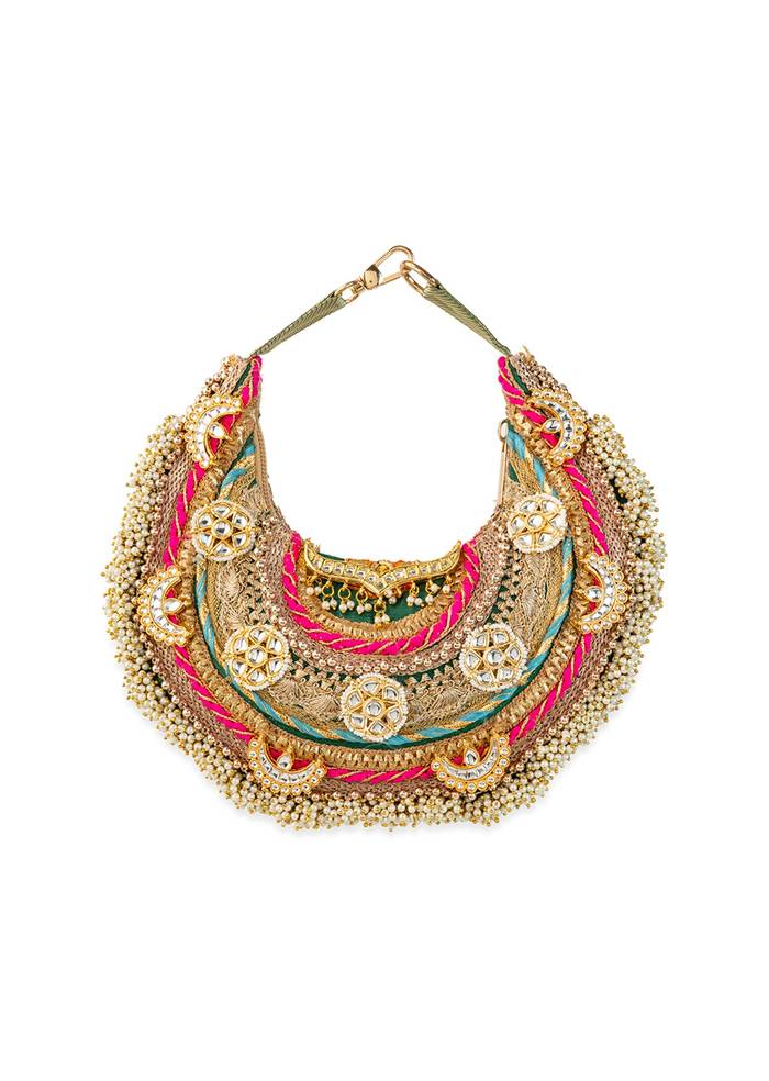 Gold Zardozi Embroidered Bag with Bead Tassels