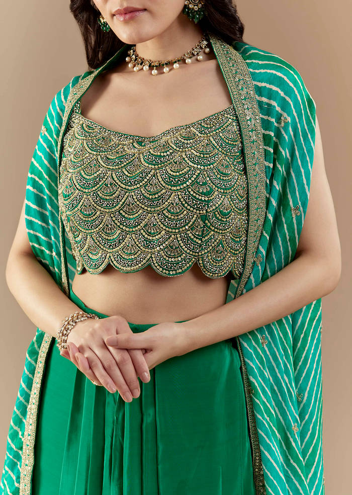 Green Embellished Crop Top Skirt Set with Leheriya Cape