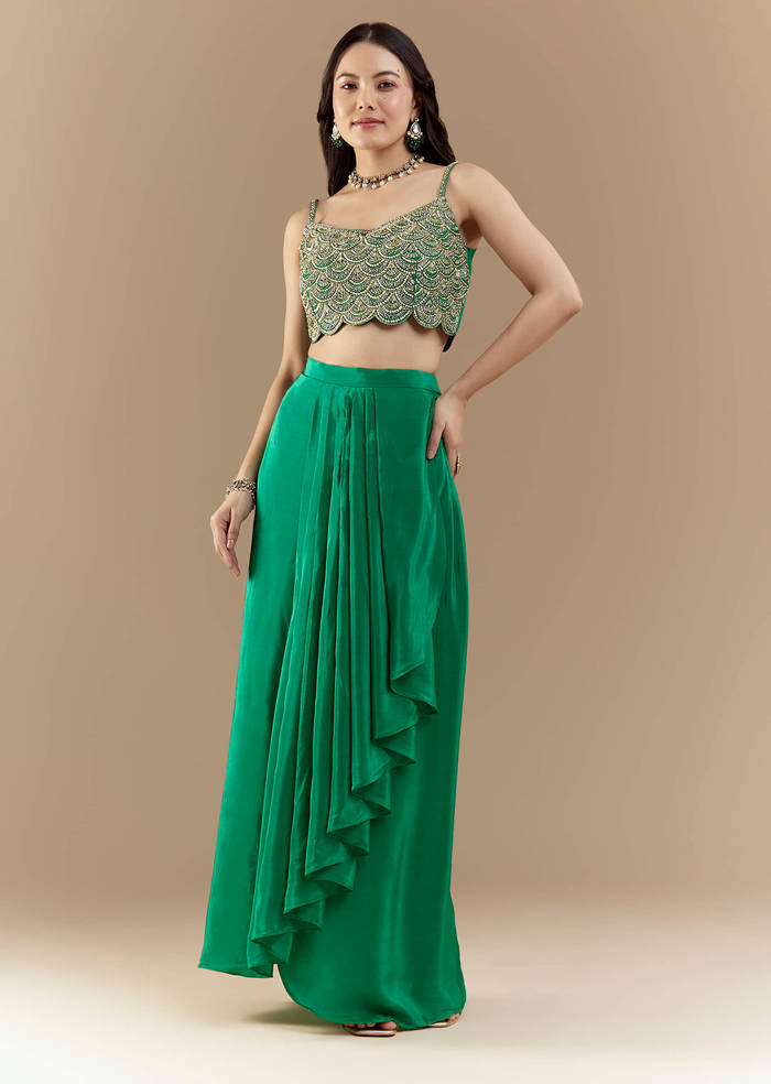 Green Embellished Crop Top Skirt Set with Leheriya Cape