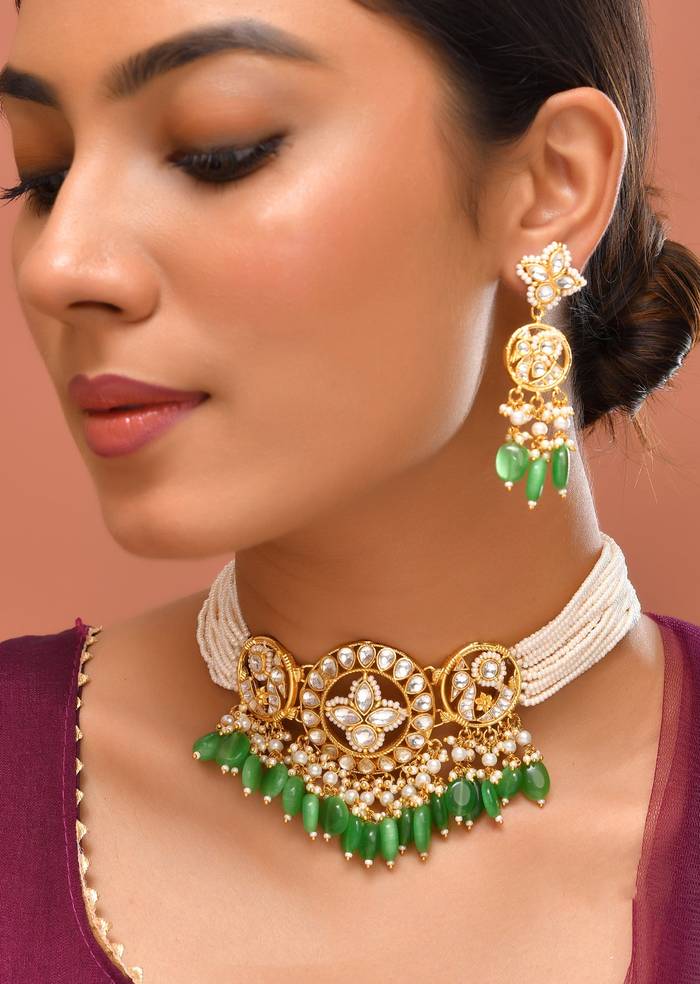 Green Kundan Pendant Bead Drop Necklace and Earrings Set