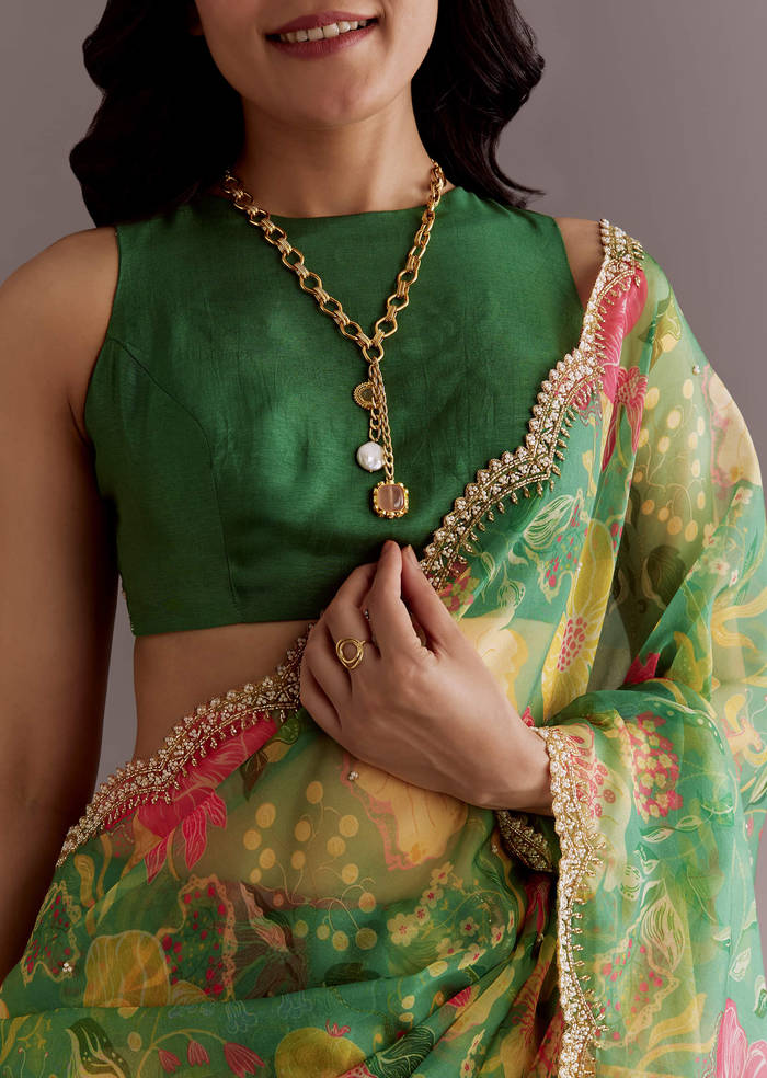Green Organza Saree With Floral Print And Embellished Border