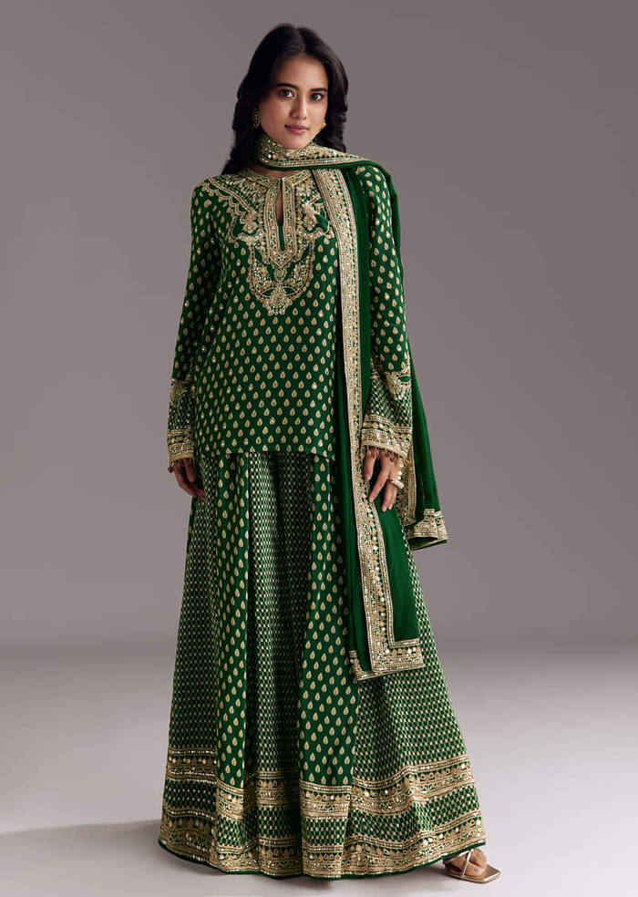 Green Printed Crepe Palazzo Set With Dupatta