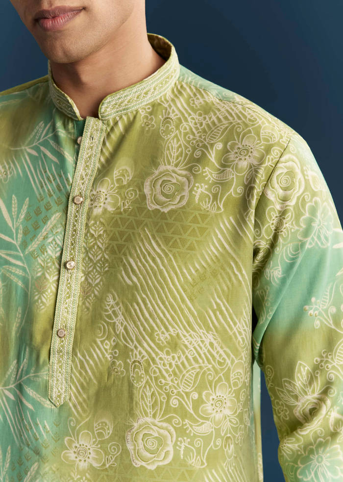 Green Silk Kurta Set For Men With Floral And Abstract Print