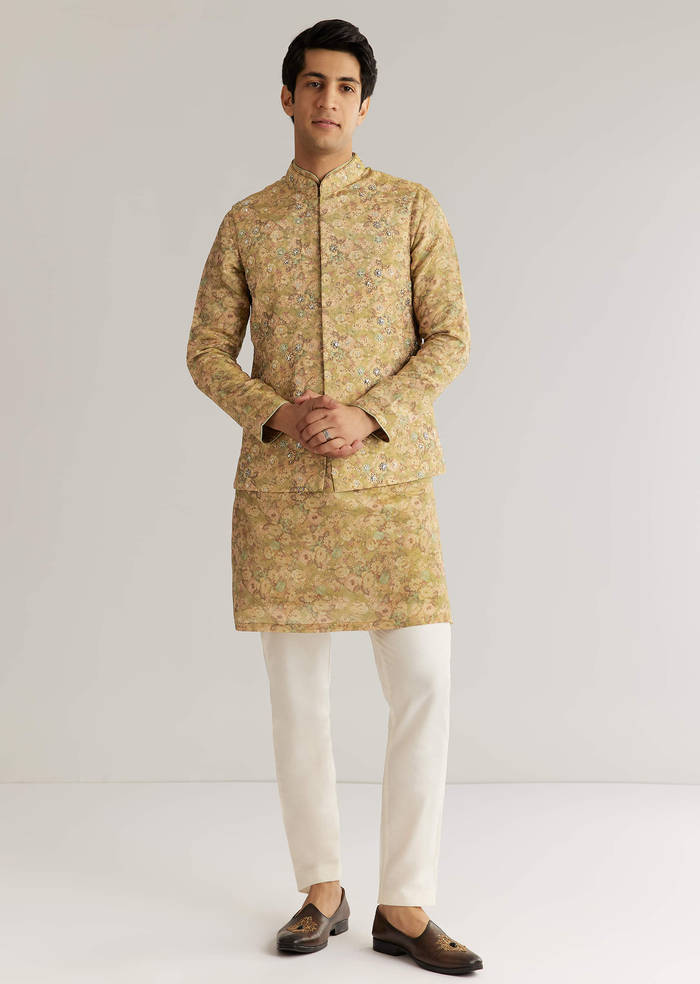 Green Tissue Stone Sequins Kurta Jacket Set