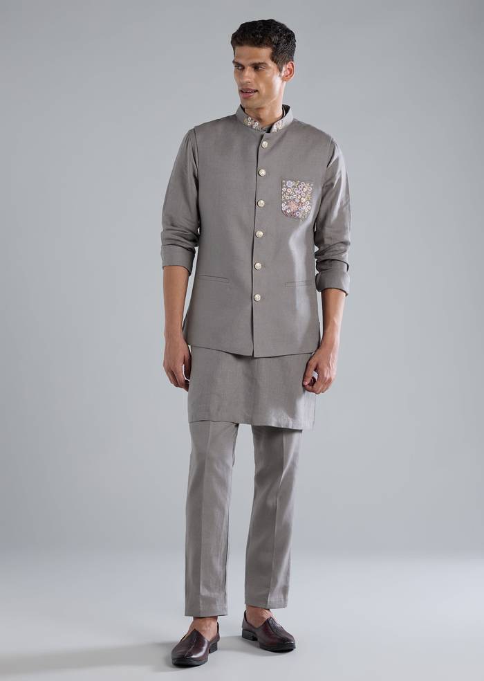 Grey Kurta Jacket Set With Thread Resham Work