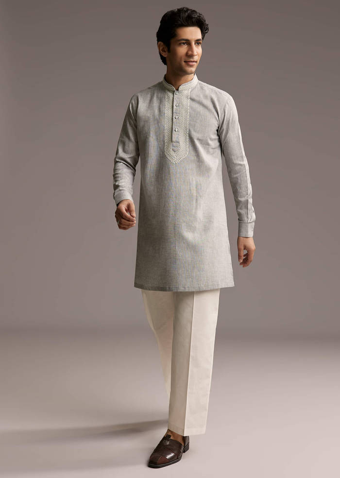 Grey Linen Kurta Set For Men With Thread And Resham Work