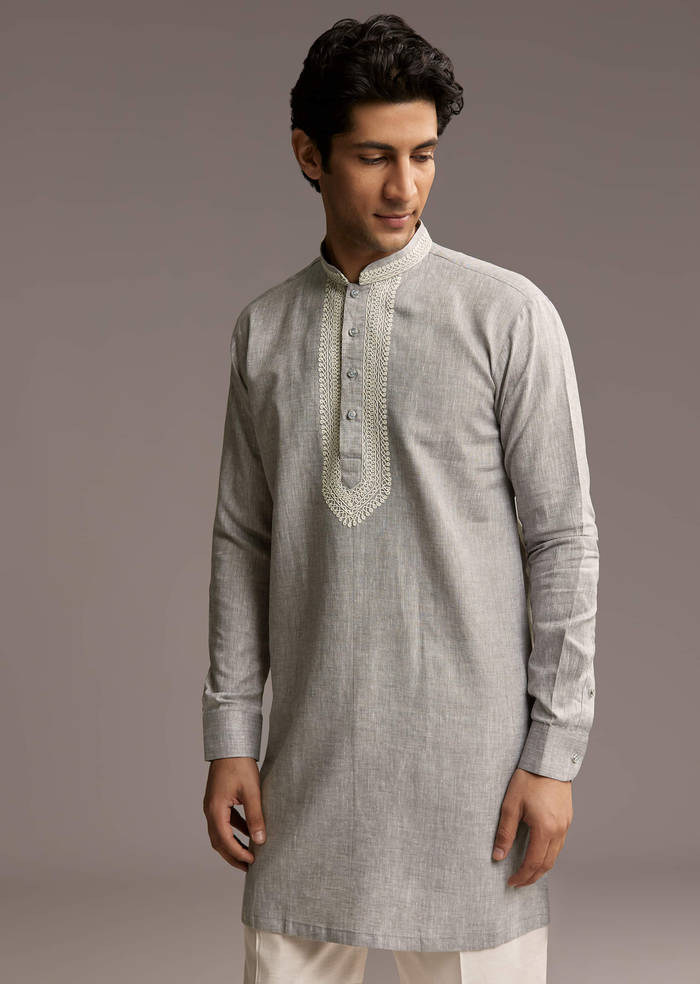 Grey Linen Kurta Set For Men With Thread And Resham Work