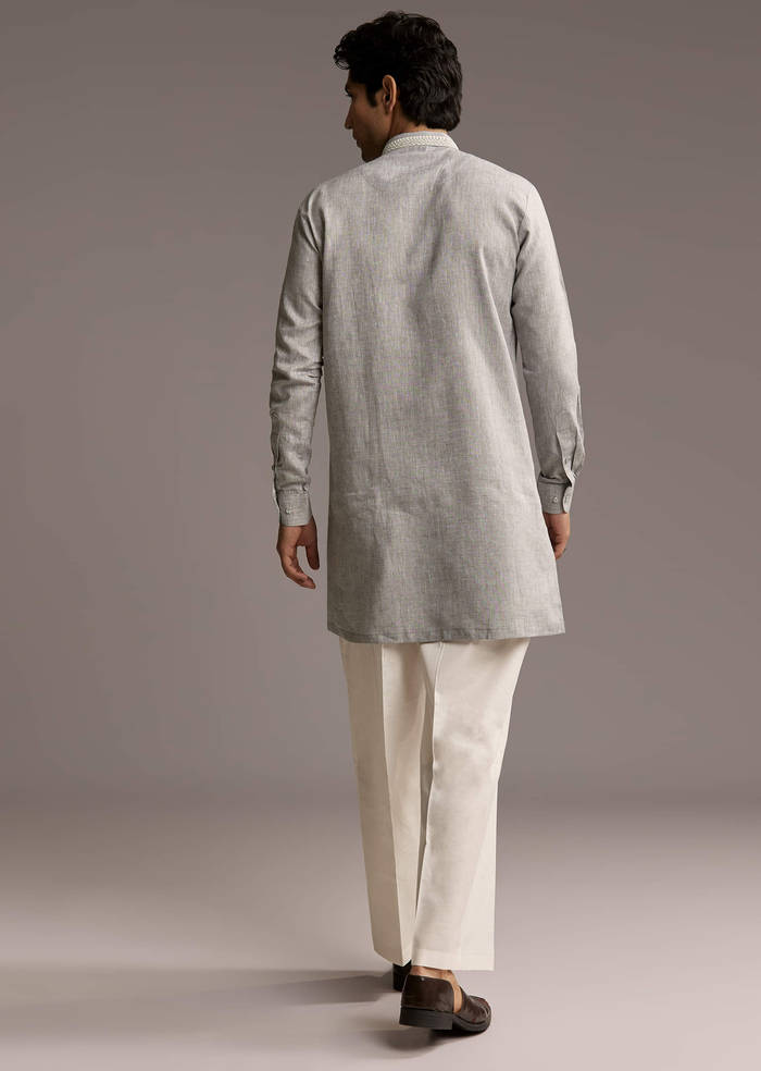 Grey Linen Kurta Set For Men With Thread And Resham Work