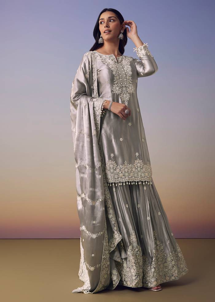 Grey Satin Embroidered Kurta and Palazzo Set