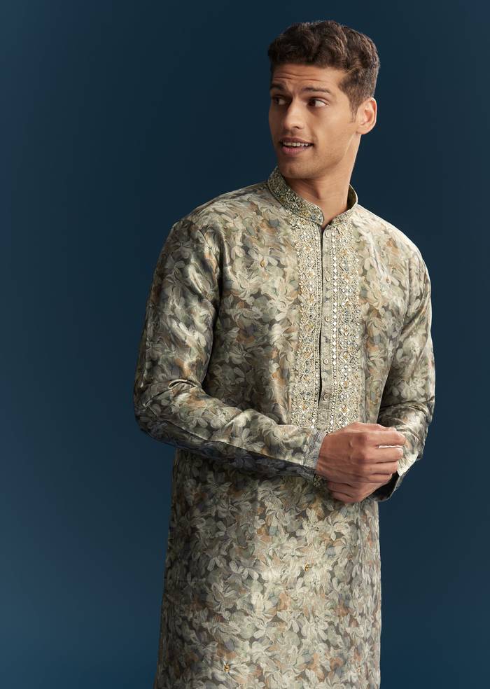 Grey Silk Kurta Set With Thread And Mirror Work