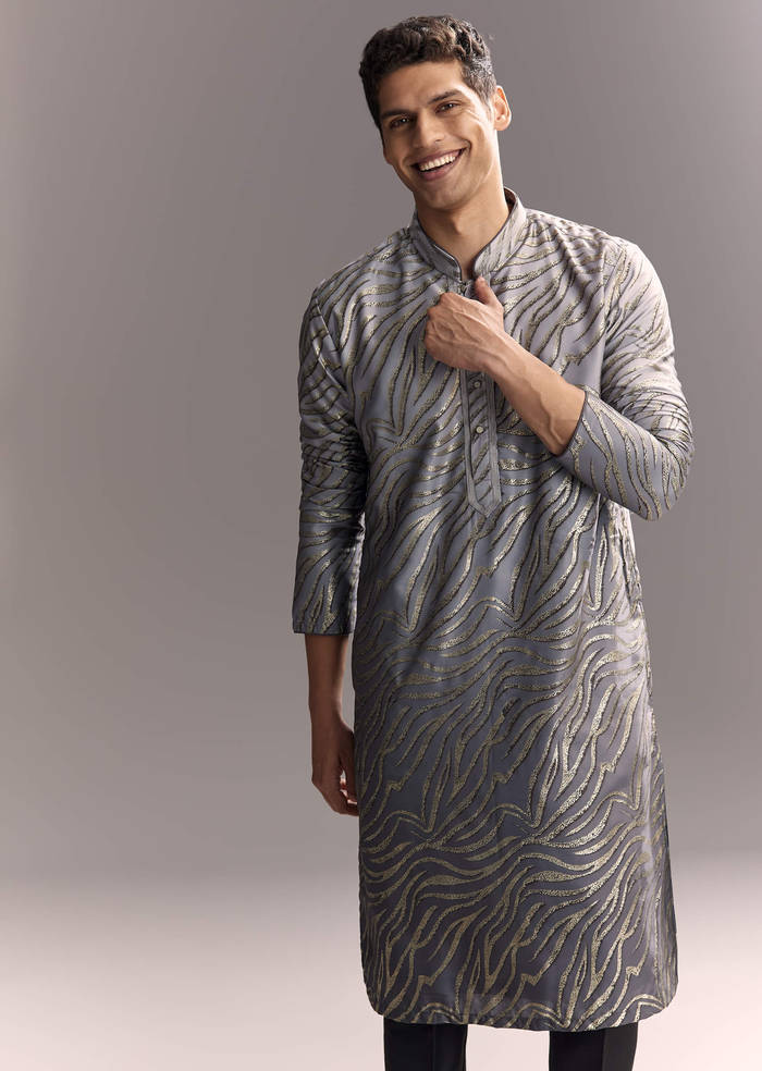 Grey Silk Printed Kurta Set For Men