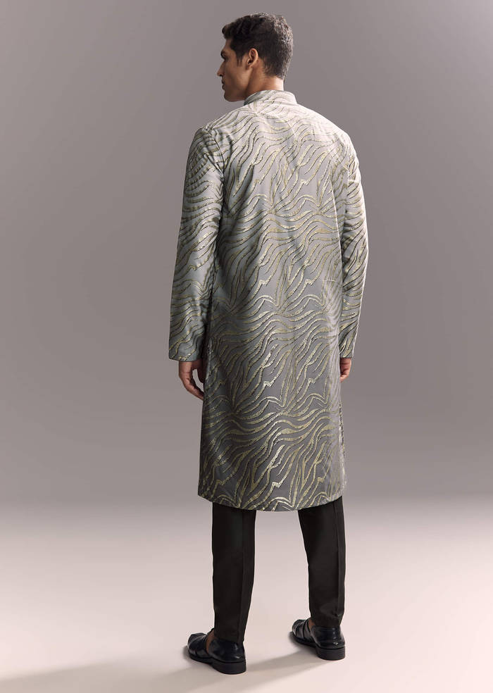 Grey Silk Printed Kurta Set For Men