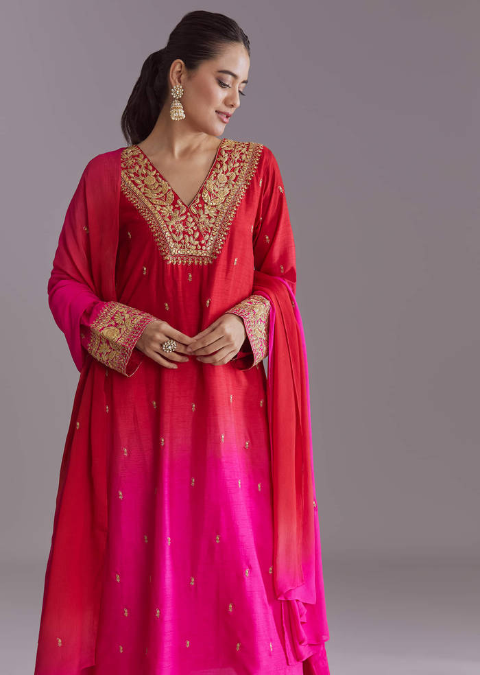 Hot Pink Ombre Silk Kurta Set With Zari Embroidery
