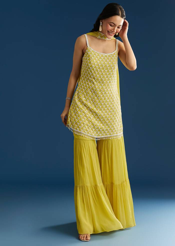 Lime Green Chinon Kurta Sharara Set With Choker Dupatta