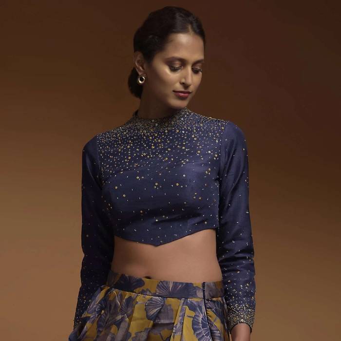 Indigo Crop Top In Silk Blend With Sequins And Beads Work In Gradient Pattern And Full Sleeves