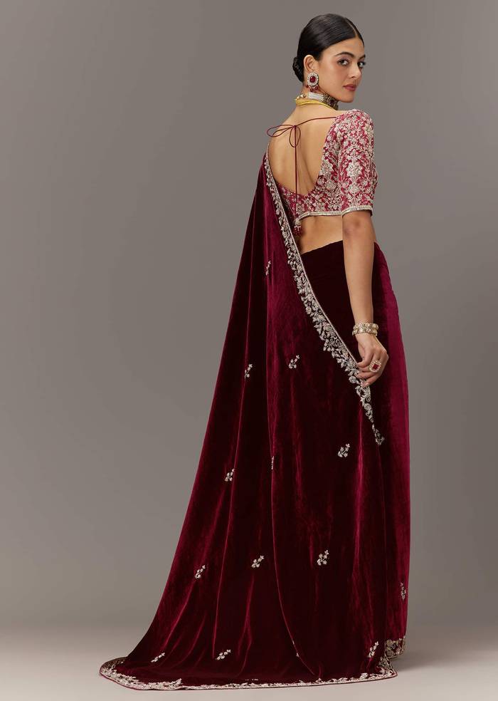 Maroon Saree In Velvet With Brocade Embroidered Blouse